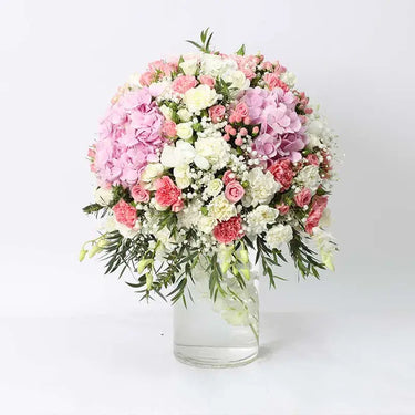Pretty Lady Floral Arrangement, Tall and Graceful, Hydrangeas, Carnations, Roses, Orchids, Hypericum, Cylinder Glass Vase